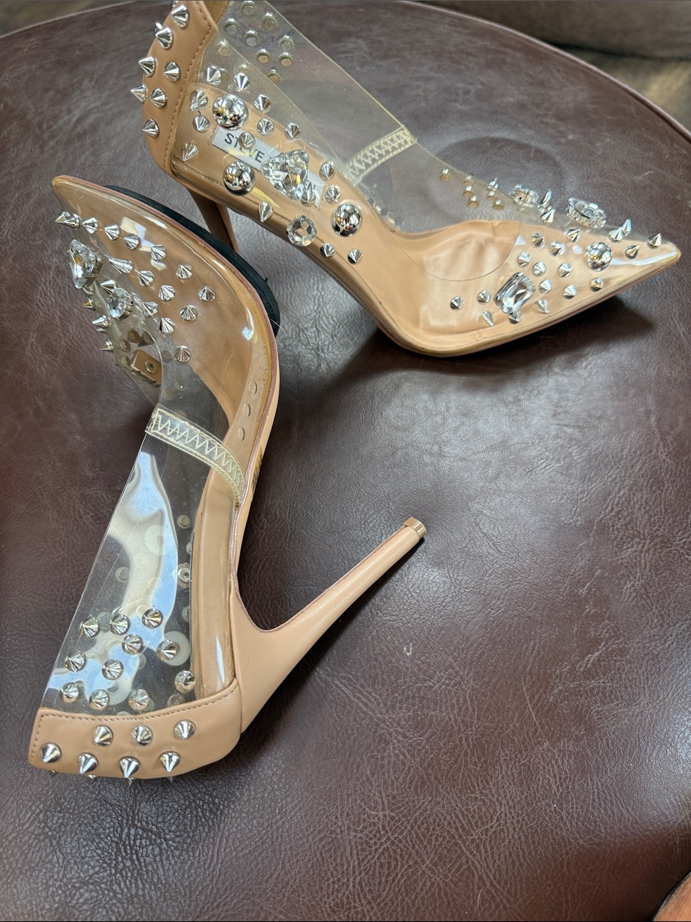Steve Madden Veronicka Nude Clear Pointed Toe Spike Pump with Crystal Studs
